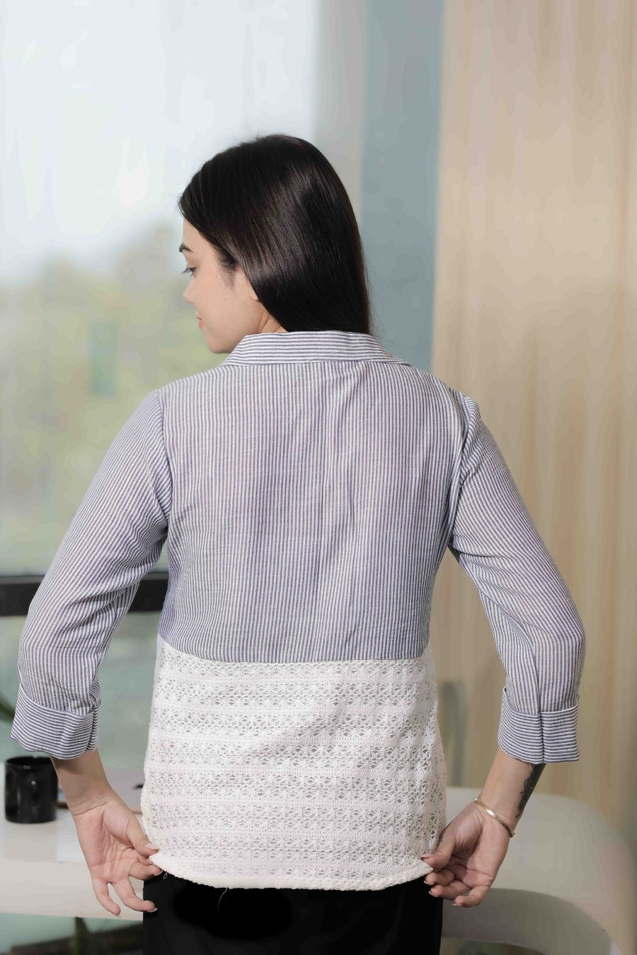 Light blue stripe shirt with crotia fabric-Esseneur