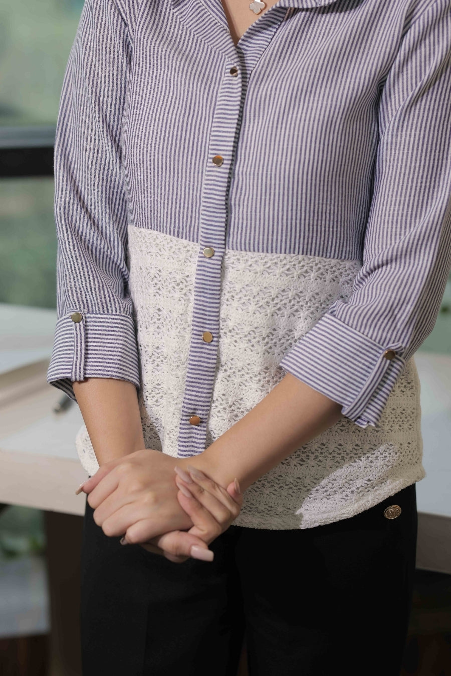 Light blue stripe shirt with crotia fabric-Esseneur