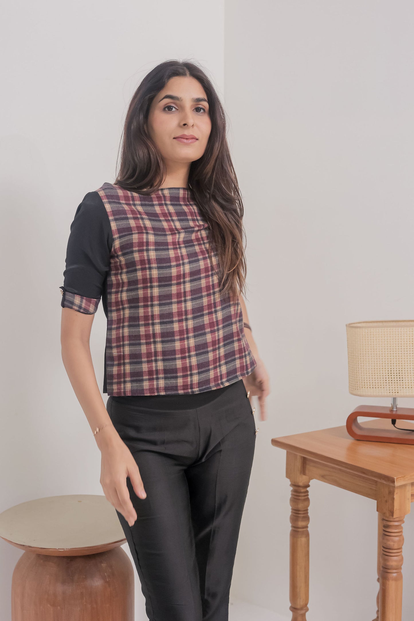 Maroon check top with black quarter sleeves EWTP0050-MRNBL