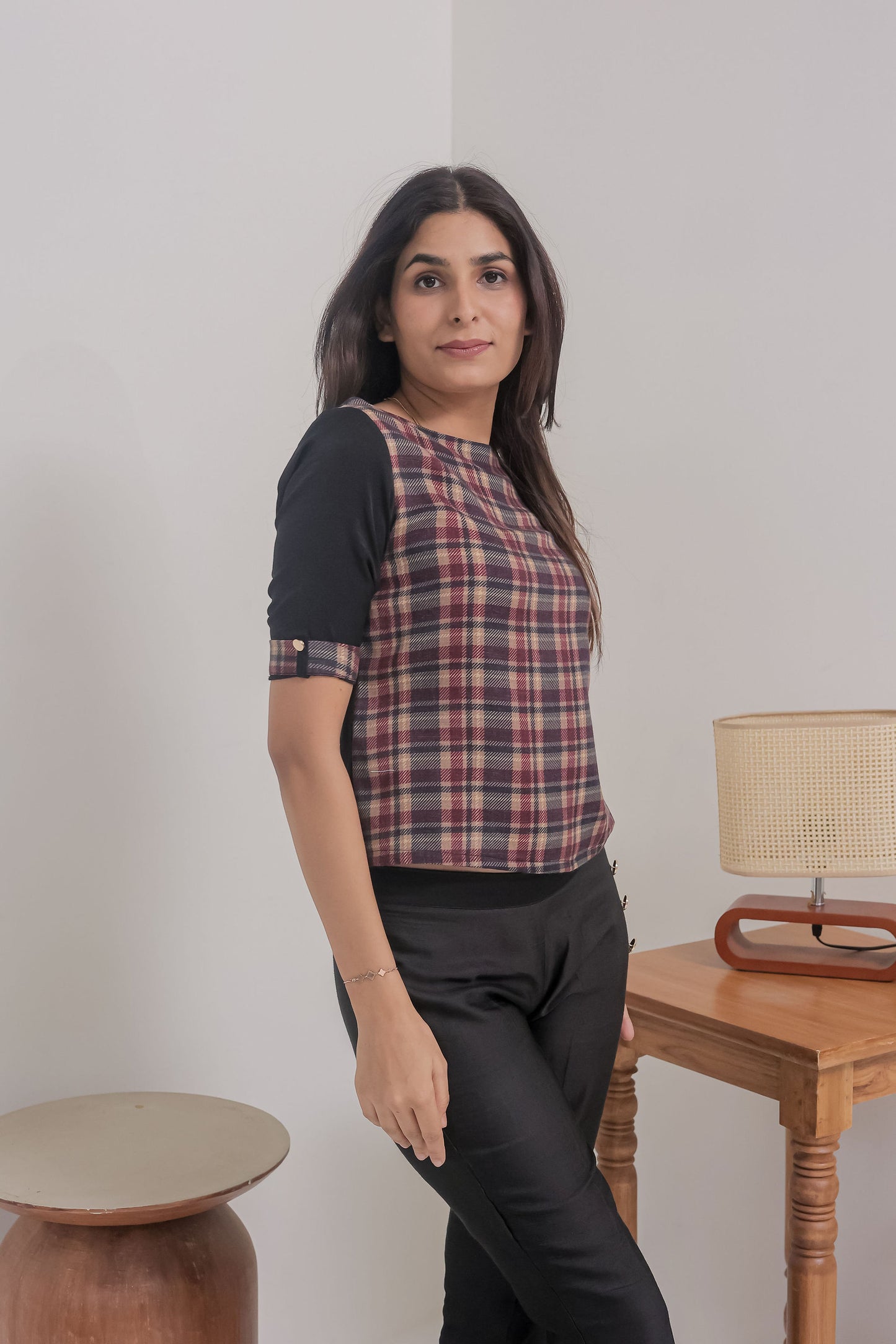 Maroon check top with black quarter sleeves EWTP0050-MRNBL