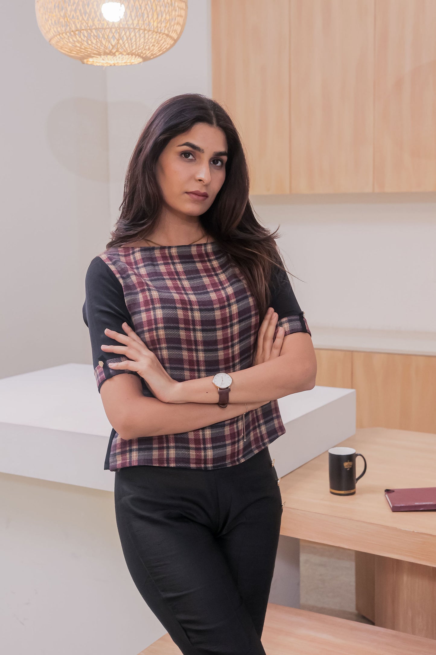 Maroon check top with black quarter sleeves EWTP0050-MRNBL