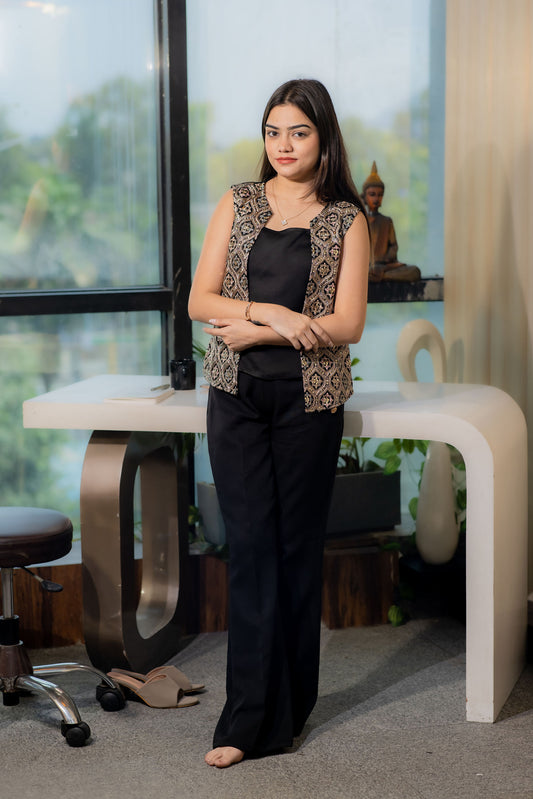 Coord set with embroidered jacket, inner & black pants-Esseneur