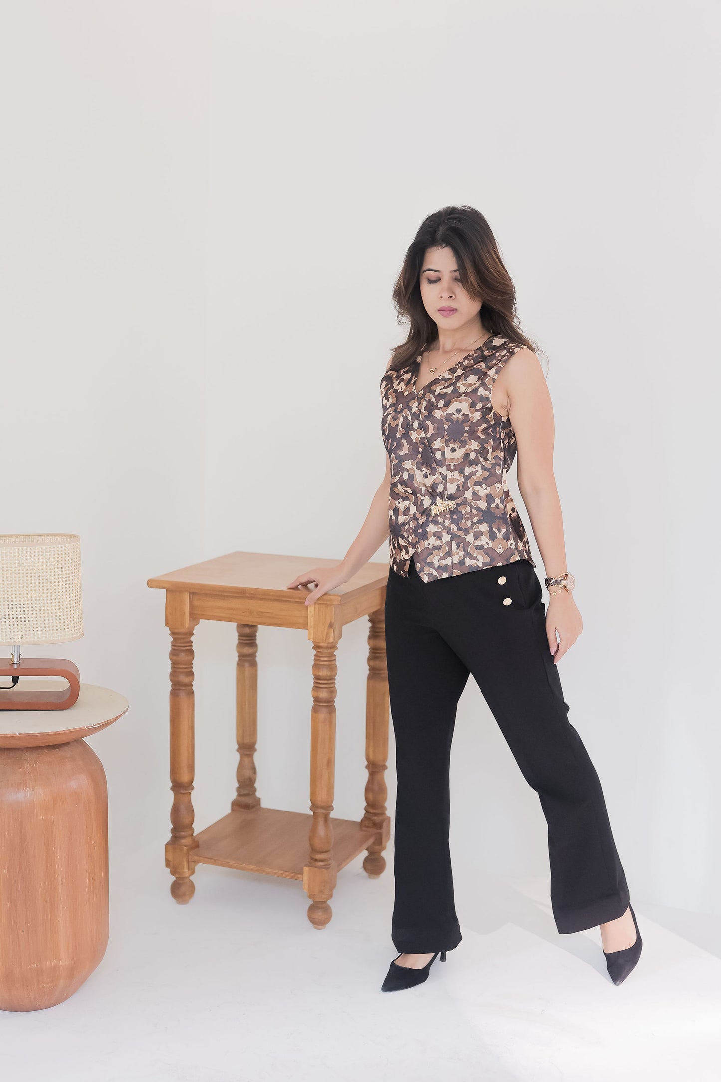 Black pants & animal print tusser waistcoat -Esseneur