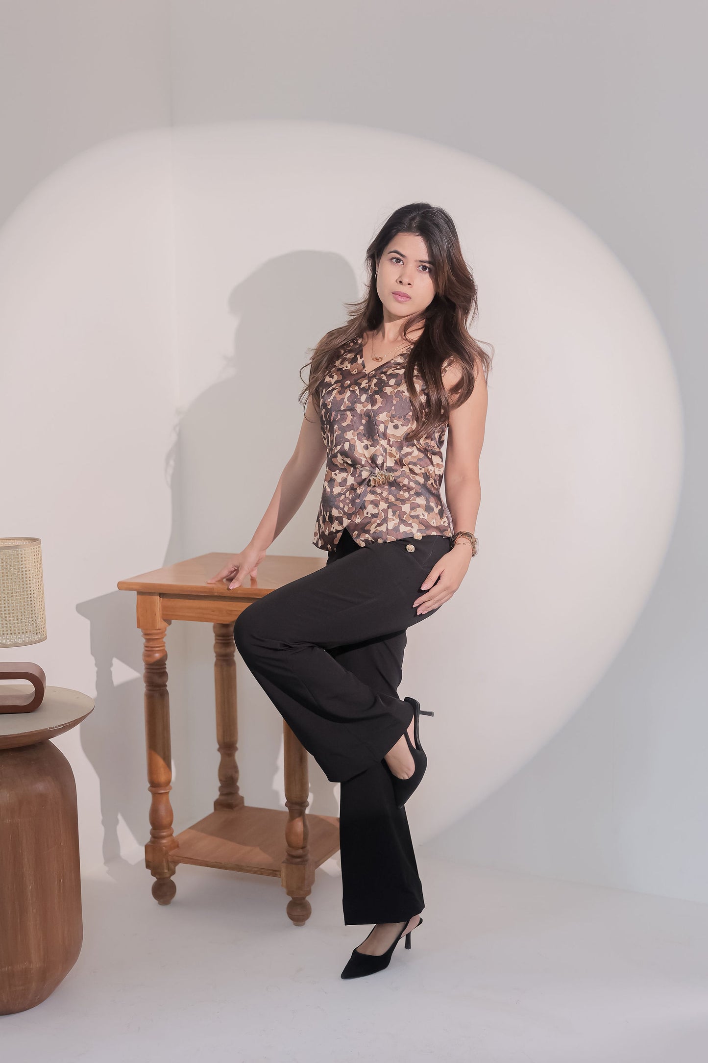 Black pants & animal print tusser waistcoat -Esseneur