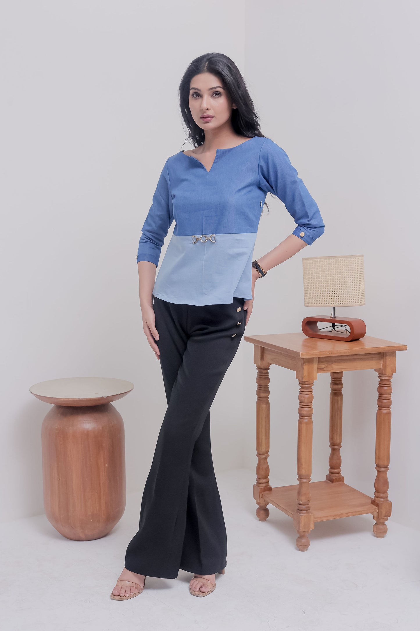 Two colour Light blue and dark blue denim full sleeves top with gold applique - esseneur.