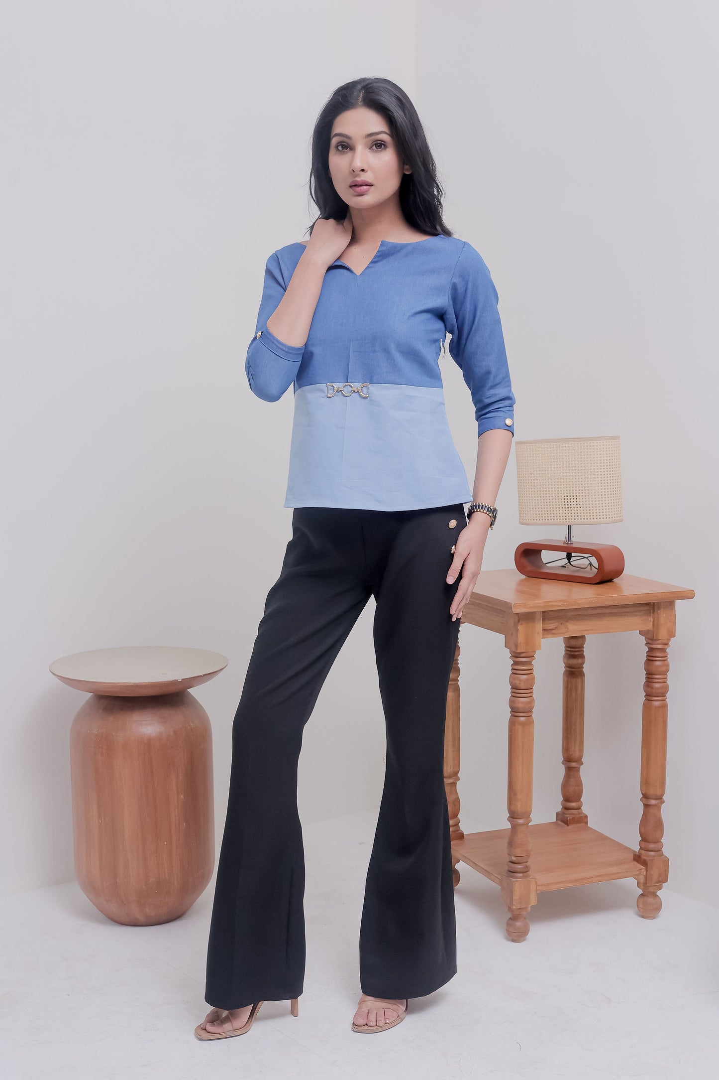 Two colour Light blue and dark blue denim full sleeves top with gold applique - esseneur.