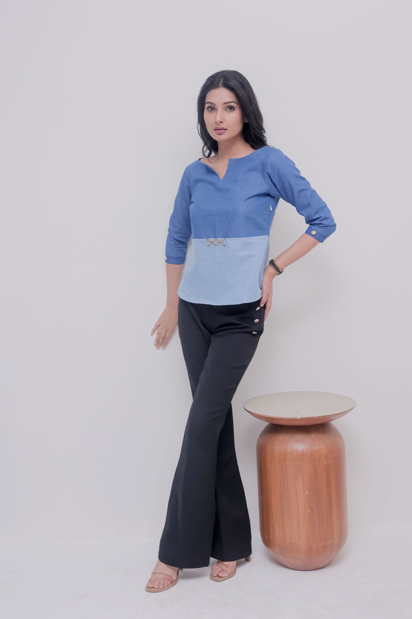 Two colour Light blue and dark blue denim full sleeves top with gold applique - esseneur.