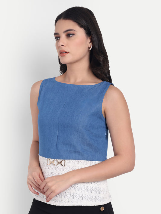 Blue denim and white crotia sleeveless top with gold buckle EWTP0032-BLUTC