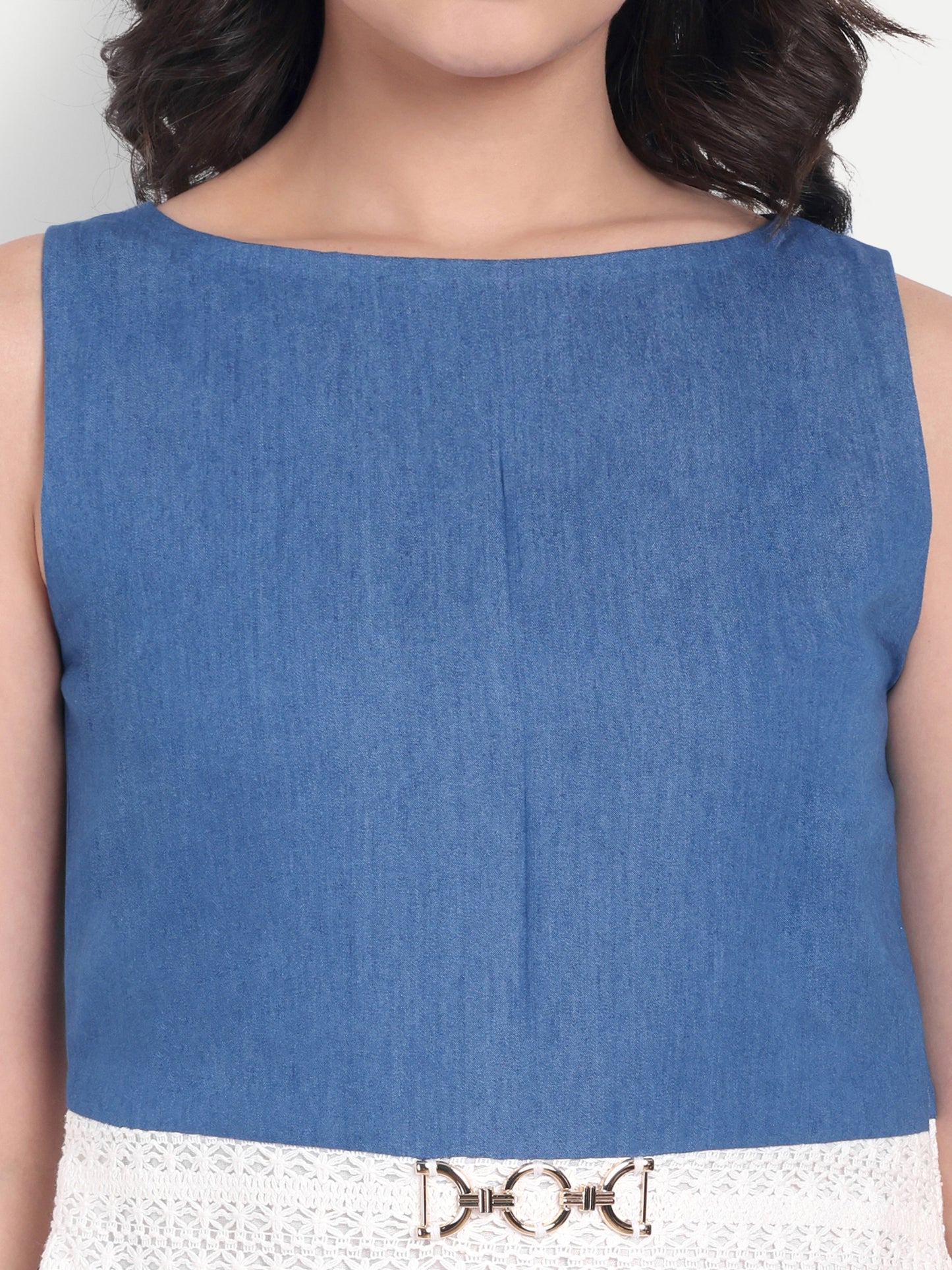 Blue denim and white crotia sleeveless top with gold buckle EWTP0032-BLUTC