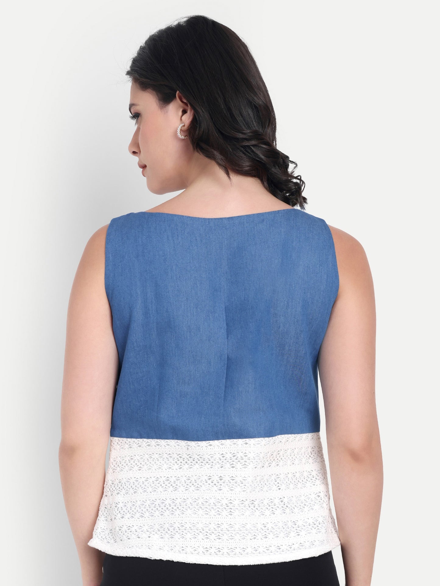 Blue denim and white crotia sleeveless top with gold buckle EWTP0032-BLUTC