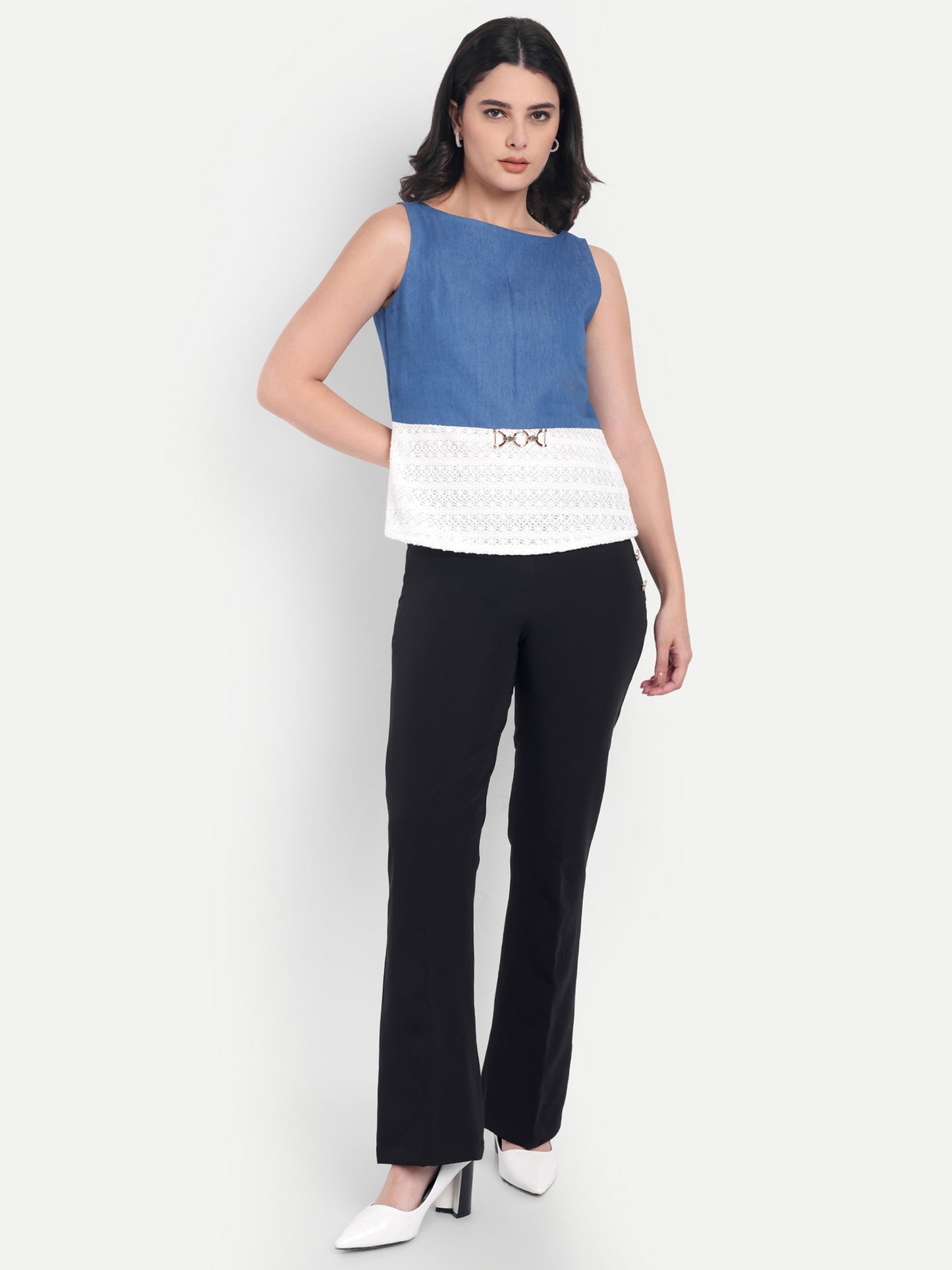 Blue denim and white crotia sleeveless top with gold buckle EWTP0032-BLUTC