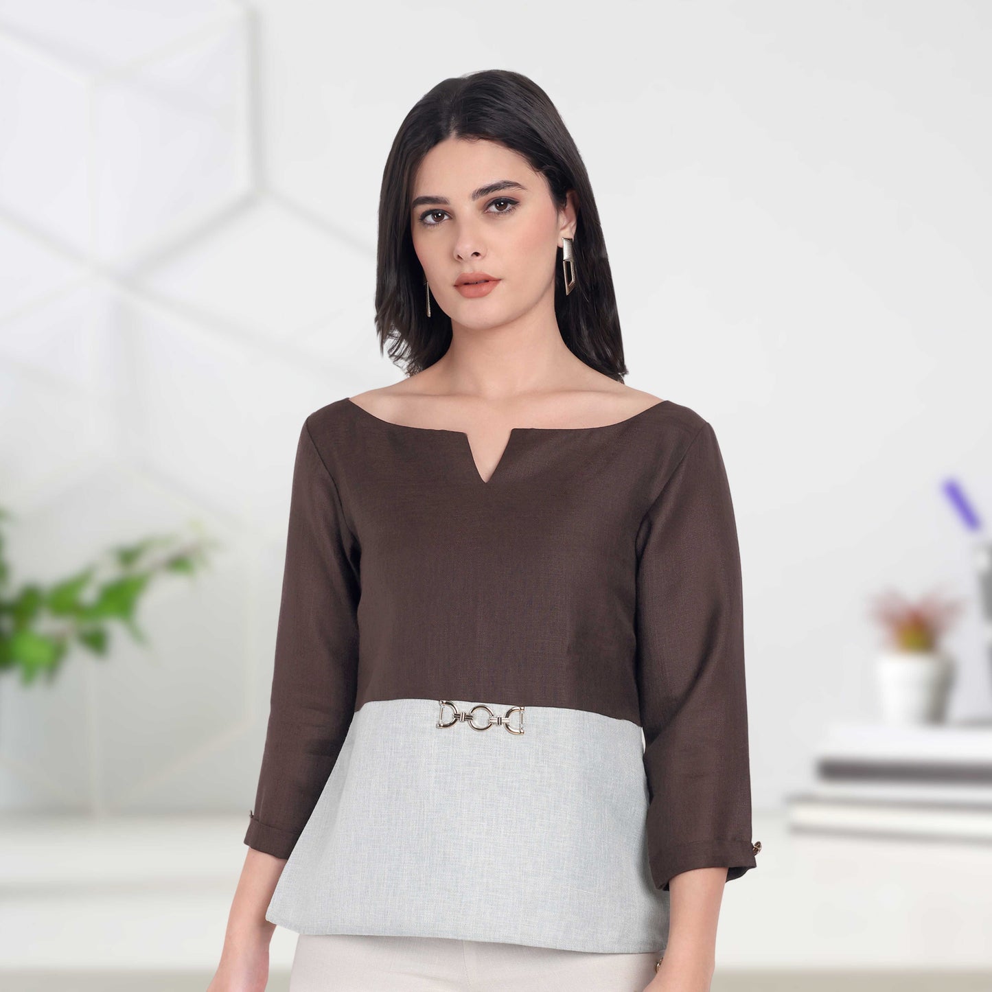 Green and brown top with gold applique with sleeves EWTP0038-GRNGA