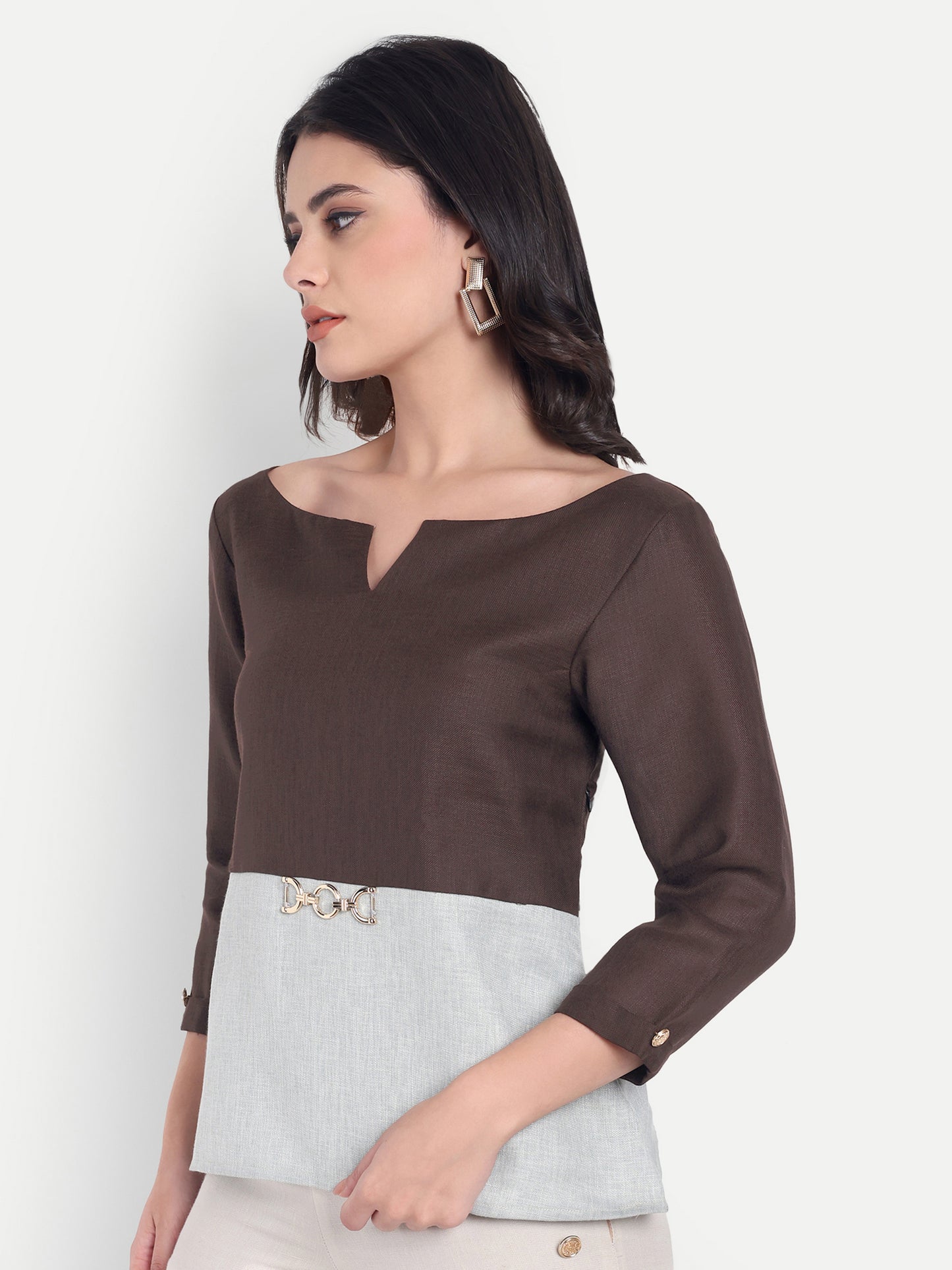 Green and brown top with gold applique with sleeves EWTP0038-GRNGA
