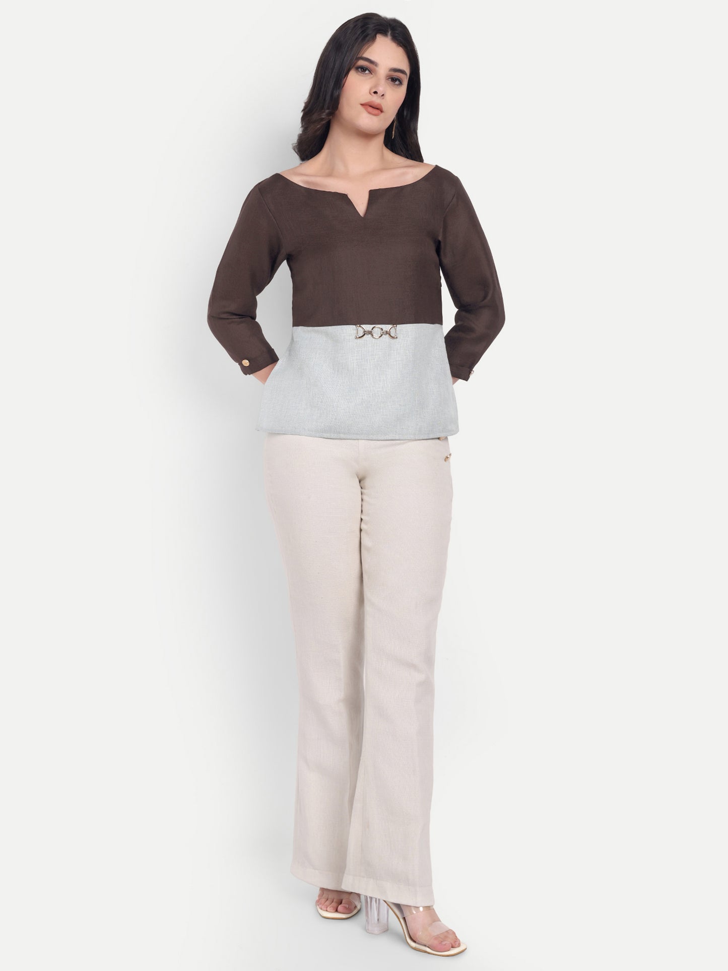 Green and brown top with gold applique with sleeves EWTP0038-GRNGA