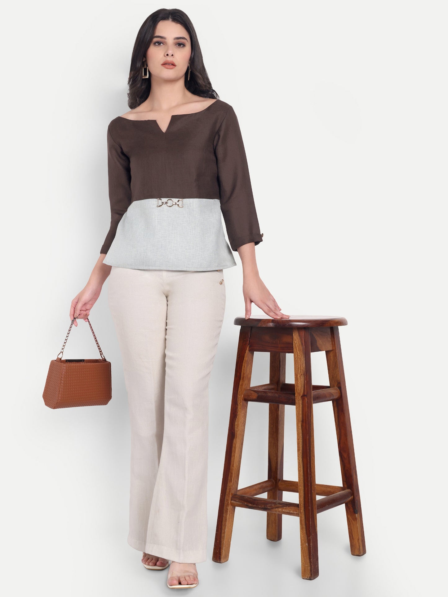 Green and brown top with gold applique with sleeves EWTP0038-GRNGA