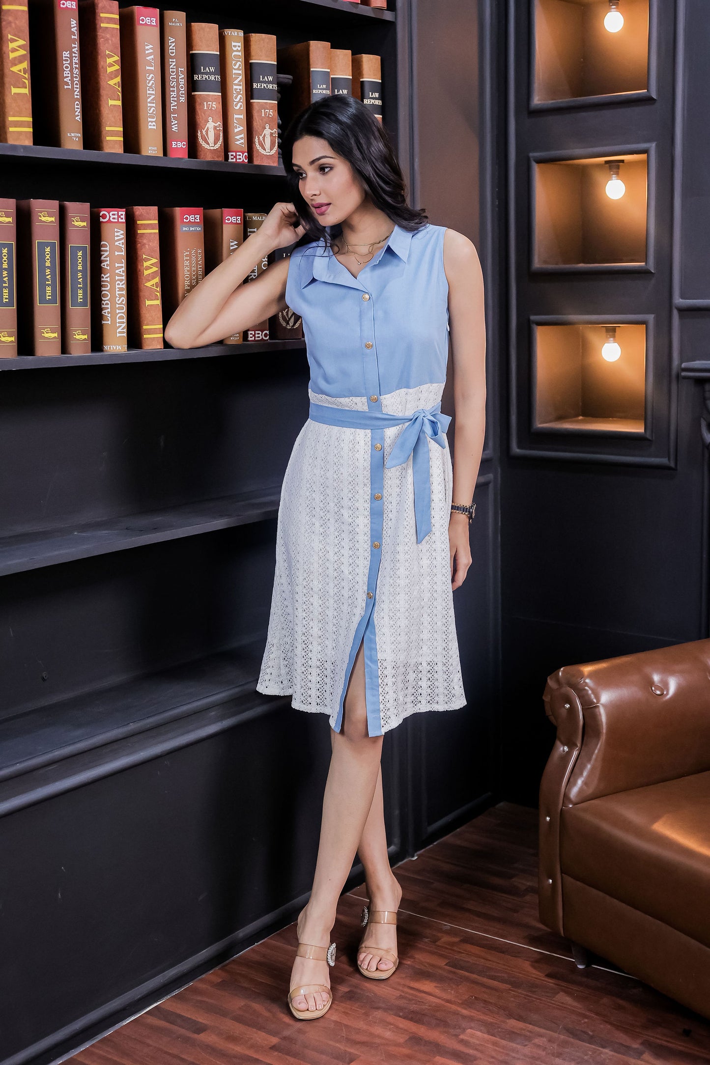 Blue shirt dress with white crochet, belt & gold buttons-Esseneur