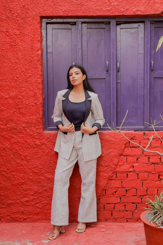 White & Grey Tweed pants with gold buttons detailing ESWPA0025-WHTGB