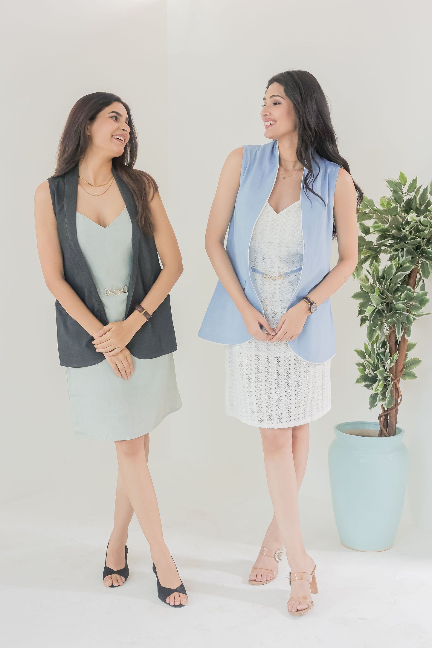 White crotia dress with light blue jacket-esseneur