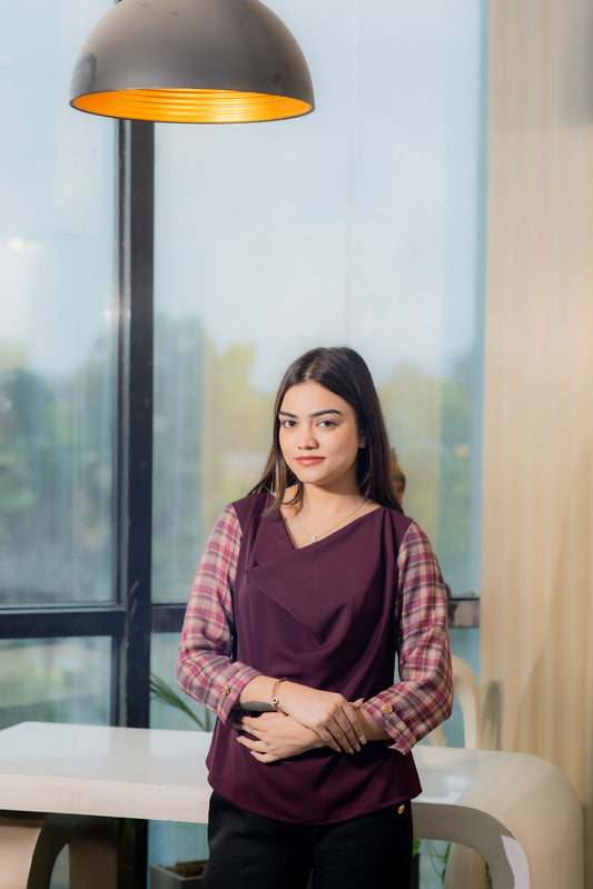 Wine cowl neck top with checkered sleeves EWTP0083-WINCK