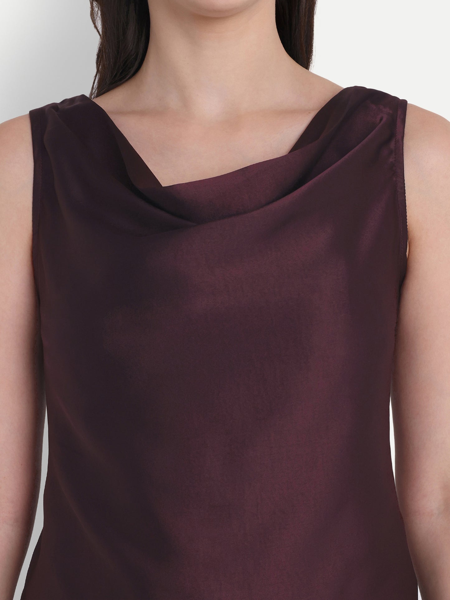Mauve wine satin cowl neck top EWTP0018-MAUCL