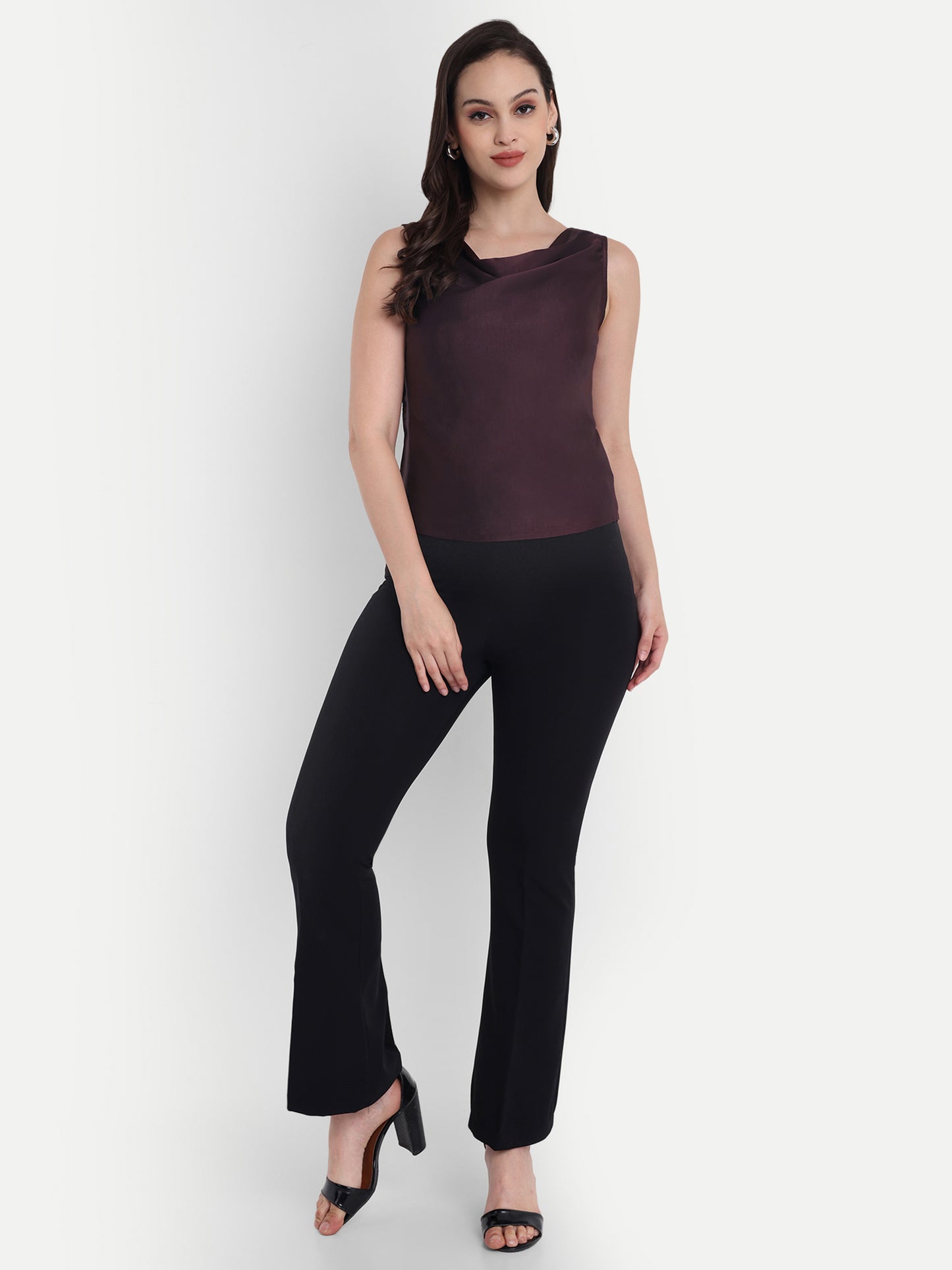 Mauve wine satin cowl neck top EWTP0018-MAUCL