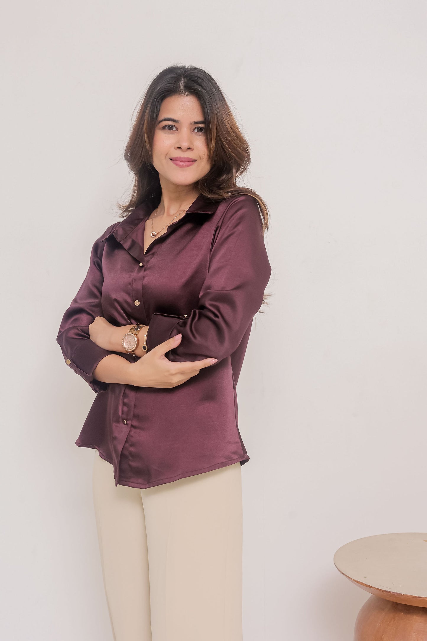 Purple satin shirt with plain gold buttons-esseneur