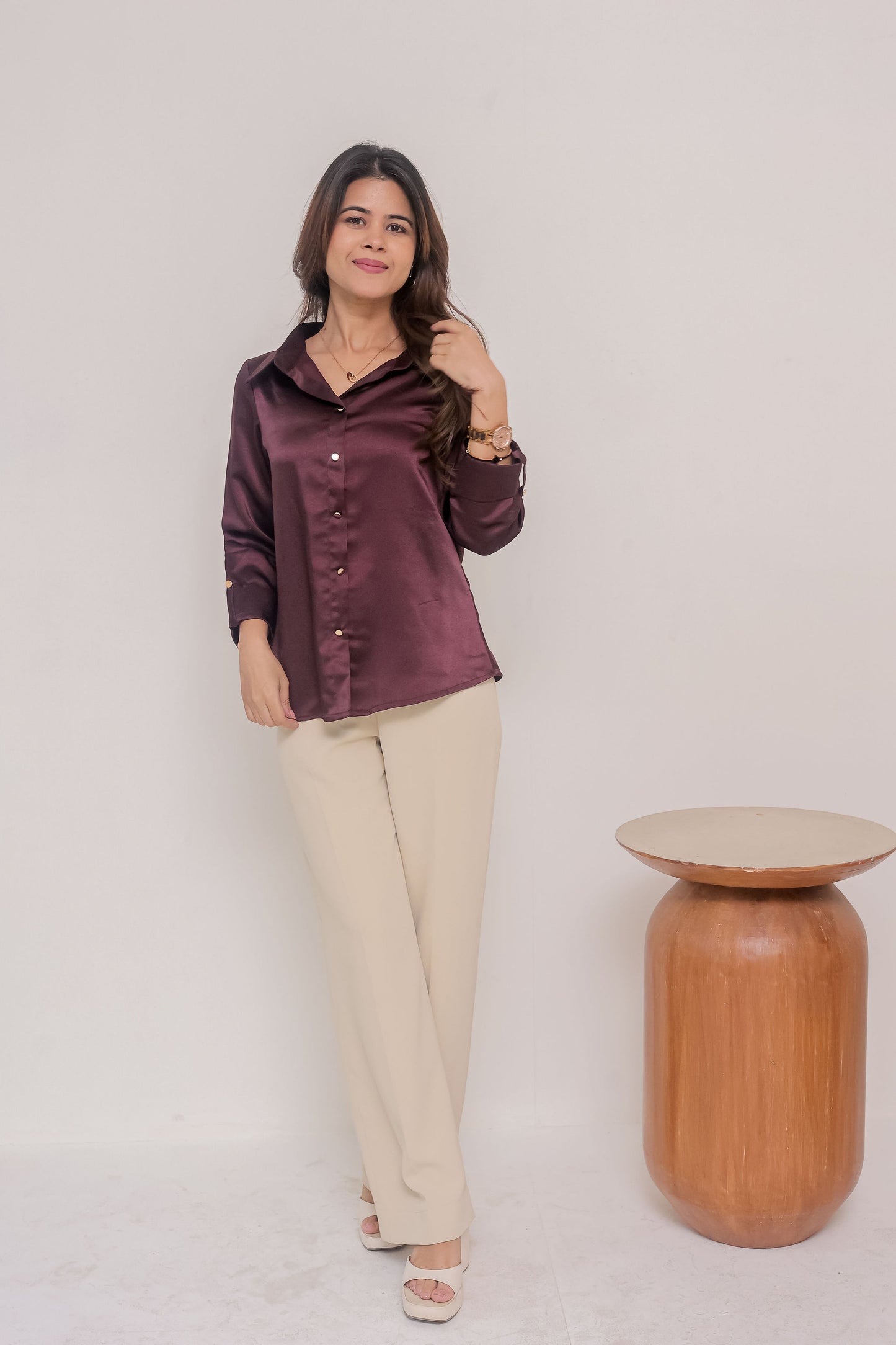 Purple satin shirt with plain gold buttons-esseneur