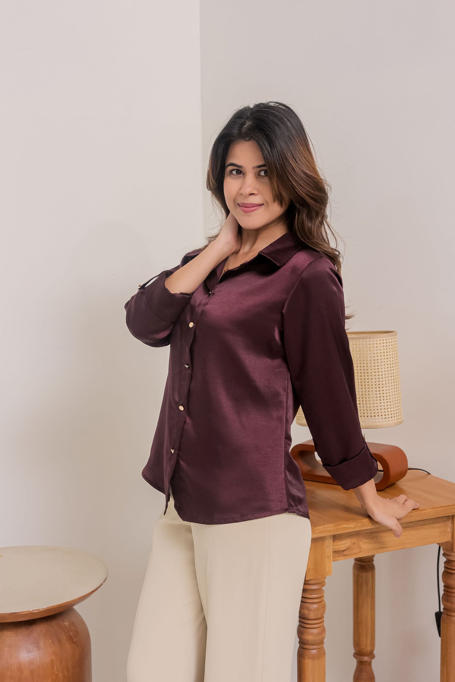 Purple satin shirt with plain gold buttons-esseneur