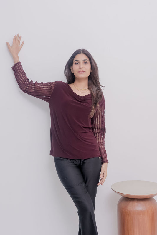 Maroon cowl neck top with cut work sleeves top - esseneur.