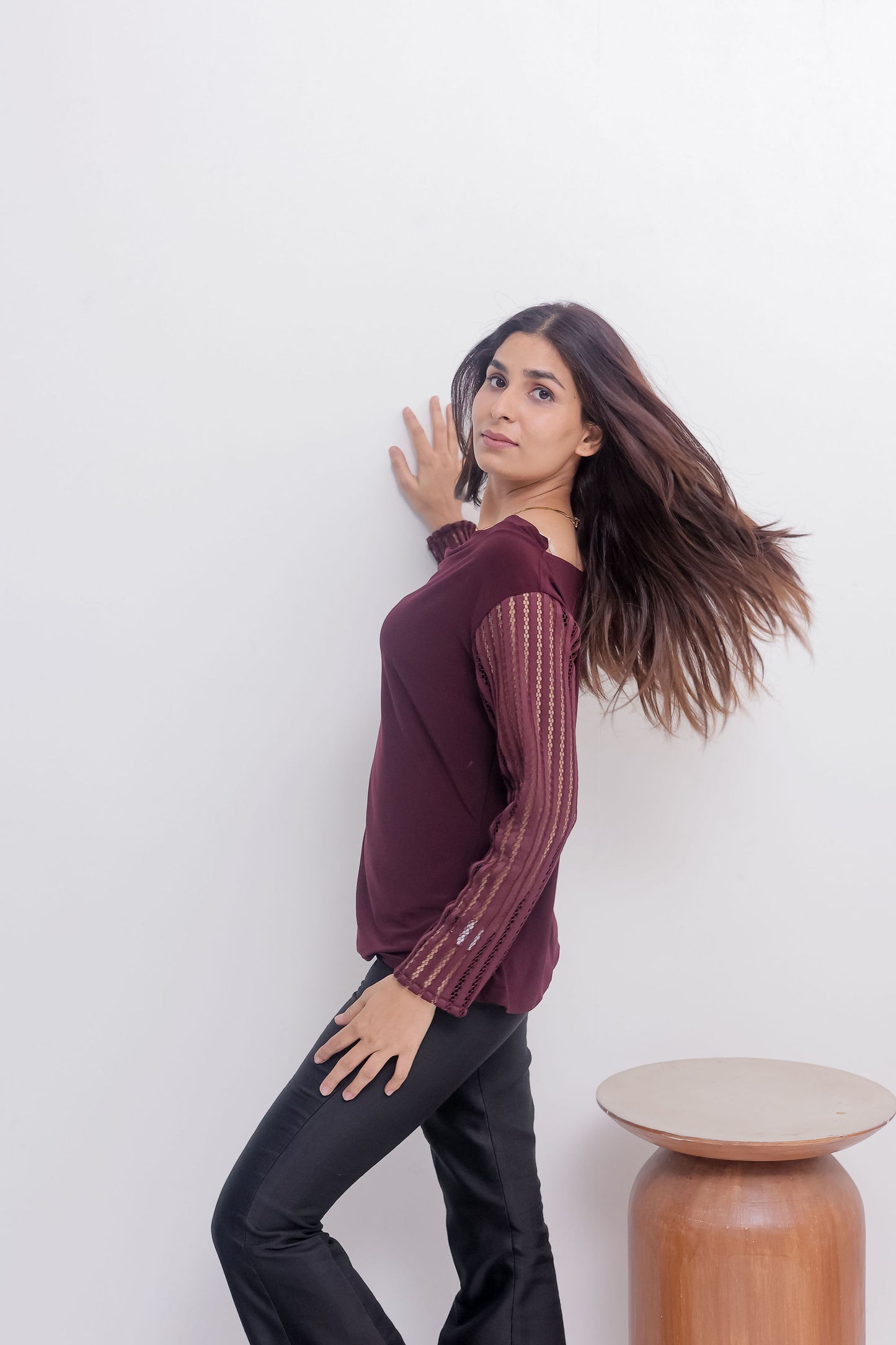 Maroon cowl neck top with cut work sleeves - esseneur.