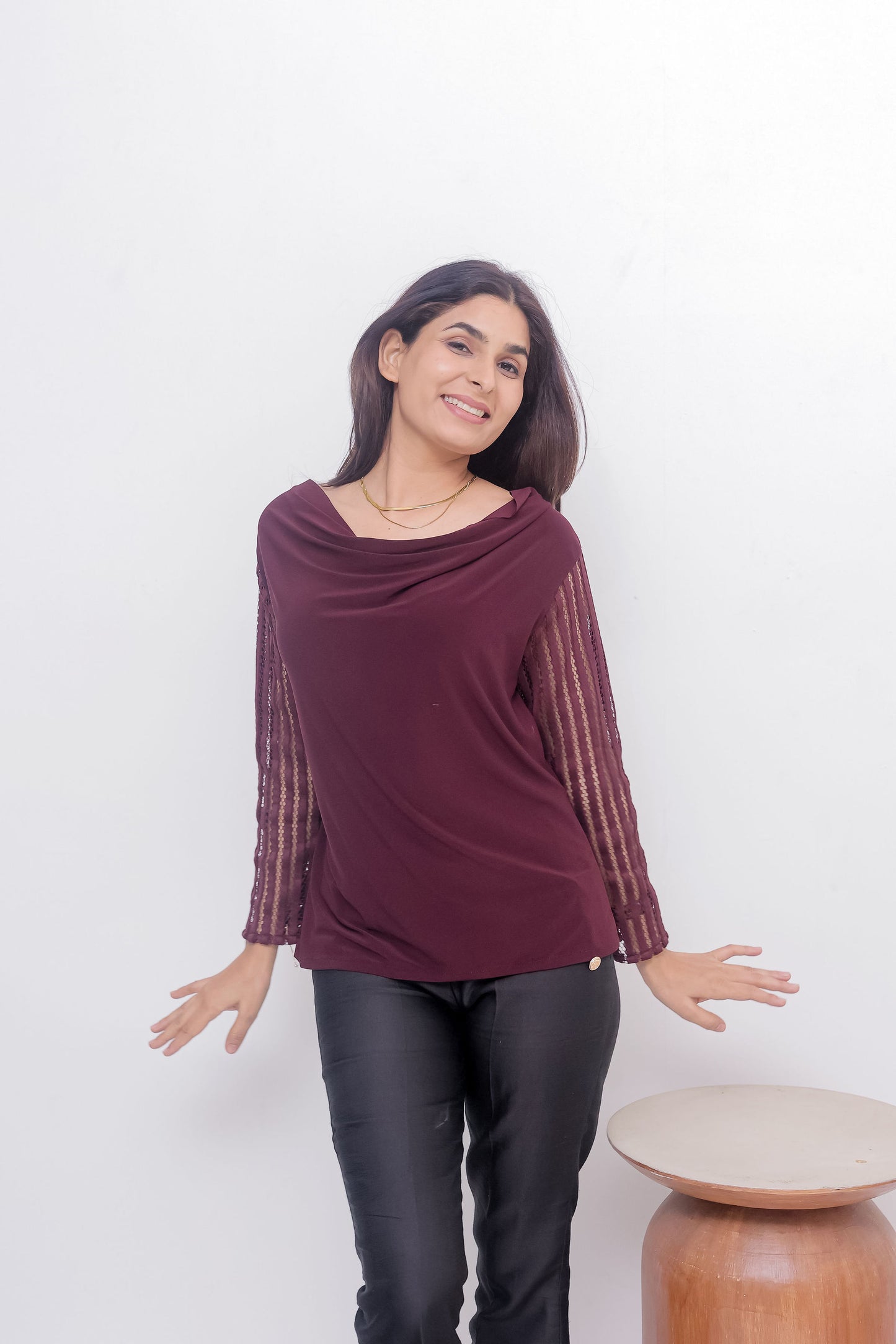 Maroon cowl neck top with cut work sleeves - esseneur.