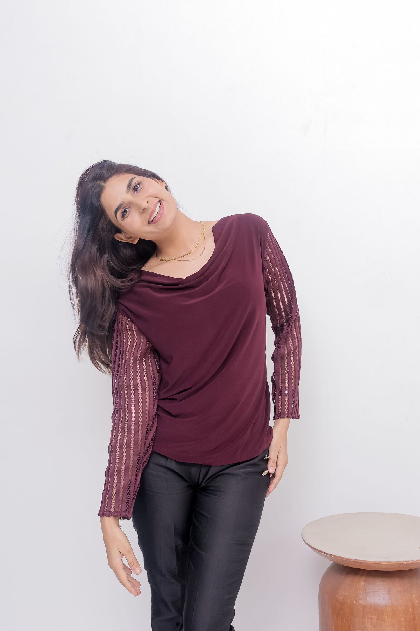 Maroon cowl neck top with cut work sleeves - esseneur.