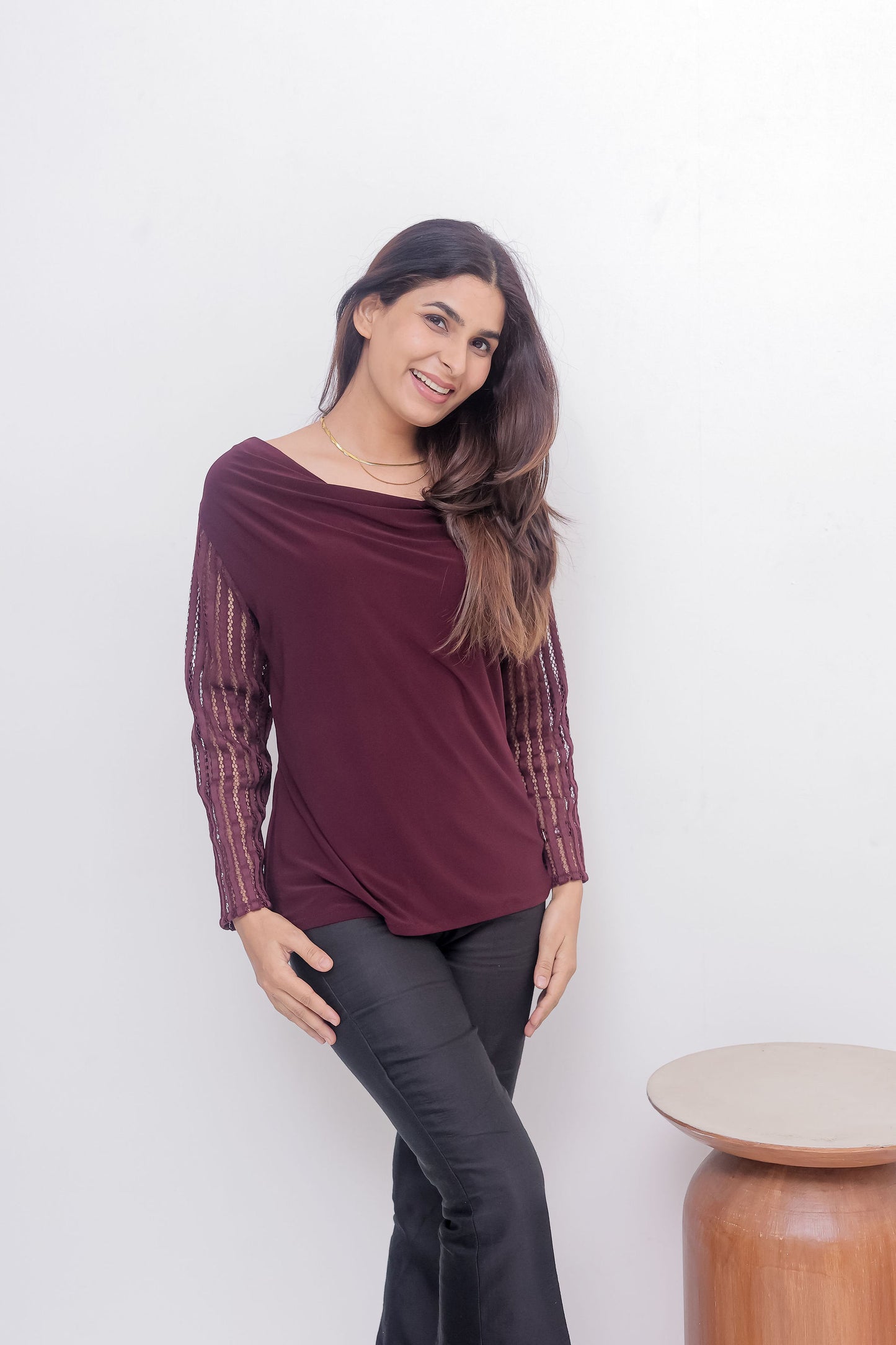 Maroon cowl neck top with cut work sleeves - esseneur.