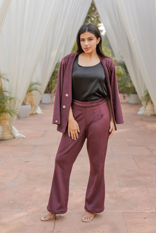 Wine velvet coat with gold detailing buttons & Pants Co ord set EWCO0035-WINPT