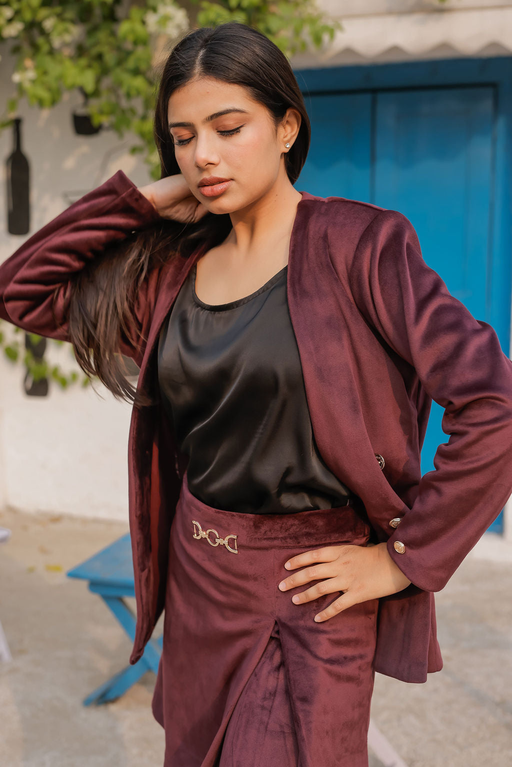 Wine velvet coat with gold detailing buttons & Pants Co ord set EWCO0035-WINPT