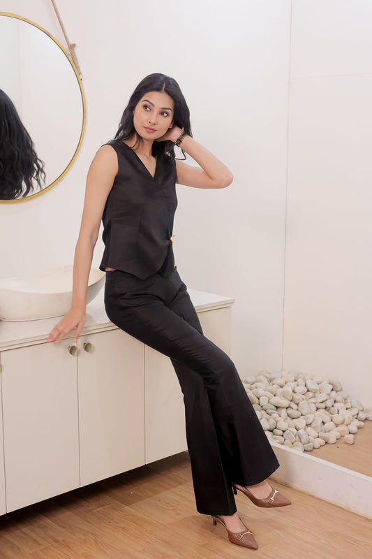 Black linen satin pants with gold buttons ESWPA0011-BLKGB