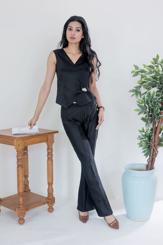 Black linen satin pants with gold buttons ESWPA0011-BLKGB