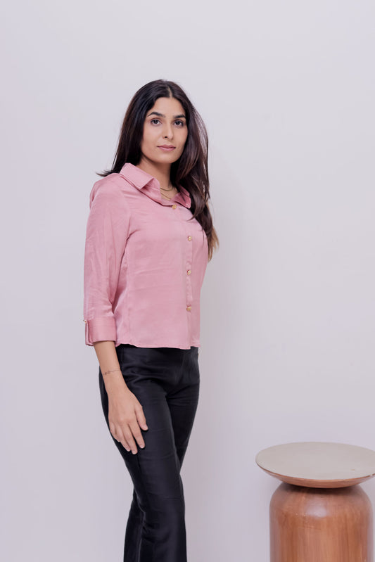 Pink linen satin shirt with gold buttons-Esseneur
