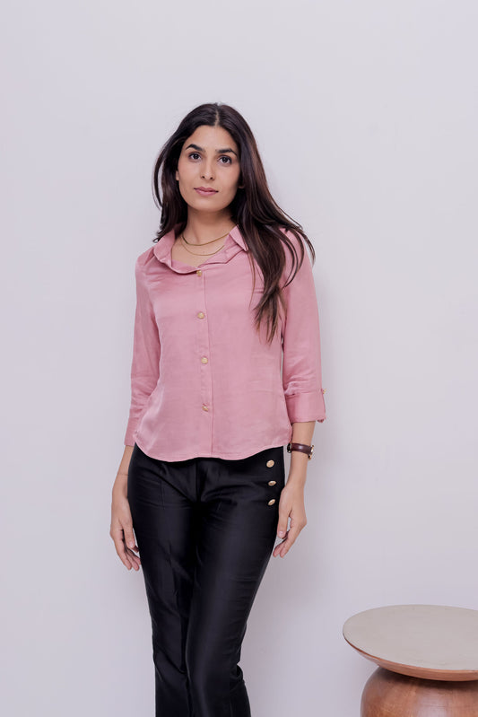 Pink linen satin shirt with gold buttons-Esseneur