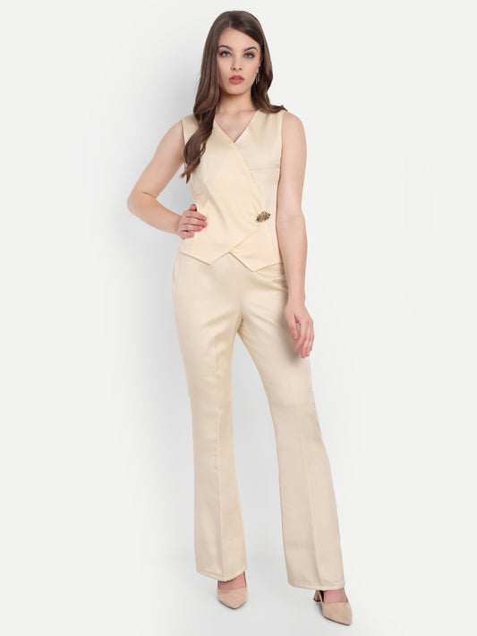 Cream Linen satin pants with gold button ESWPA0004-CREGB