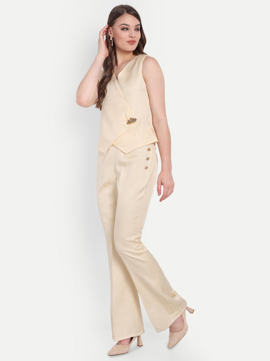 Cream Linen satin pants with gold button ESWPA0004-CREGB