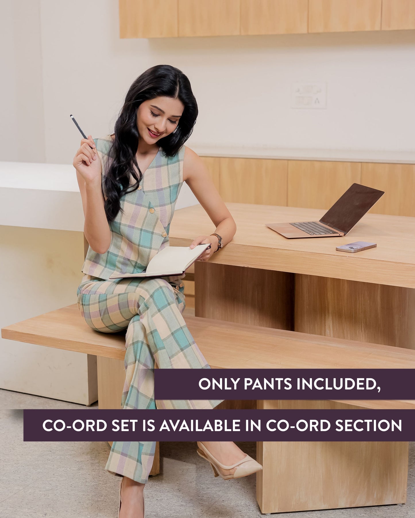 Cream check pants with gold buttons detailing ESWPA0012-CREGB