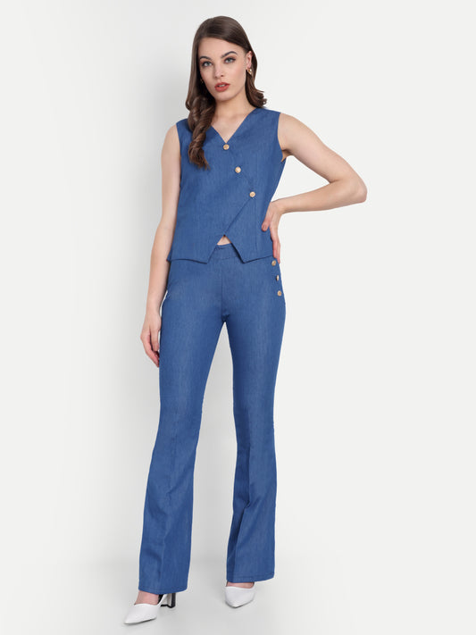 Mid dark denim pants with gold buttons ESWPA0007-DNMGB