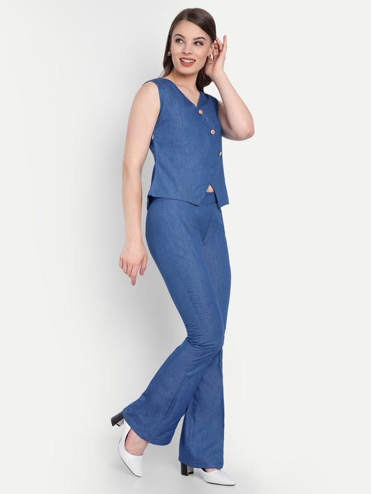 Mid dark denim pants with gold buttons ESWPA0007-DNMGB