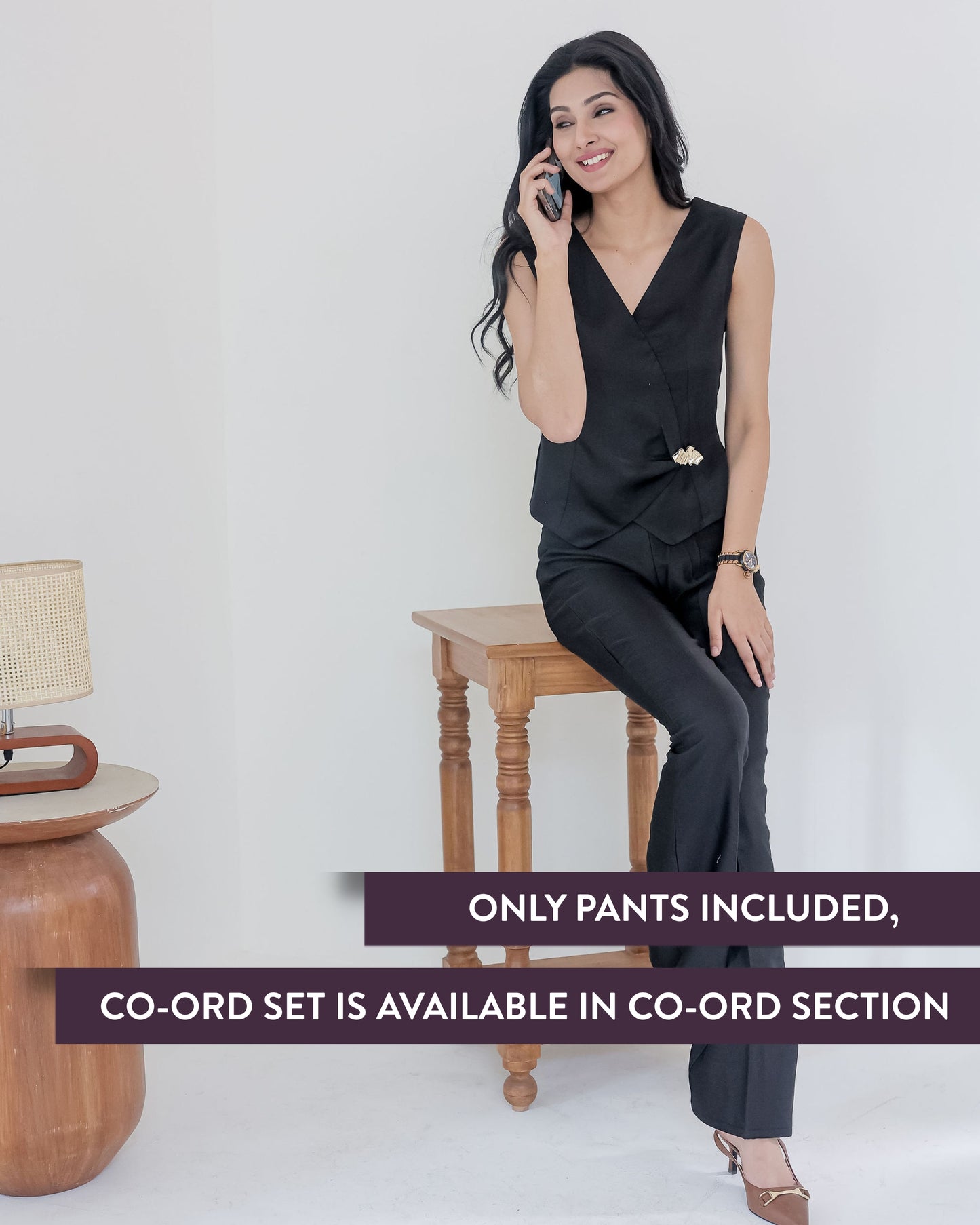 Black linen satin pants with gold buttons ESWPA0011-BLKGB