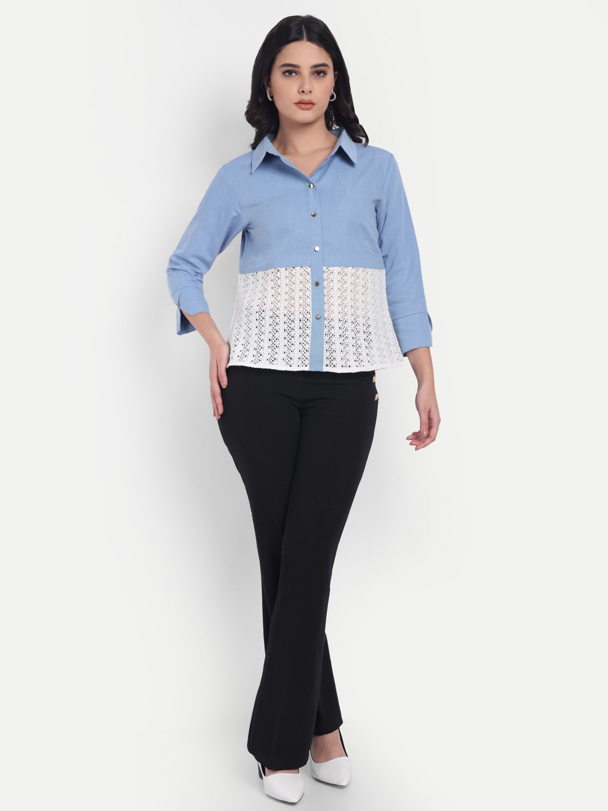 Light denim and crochet quarter sleeves shirt with gold buttons-Esseneur