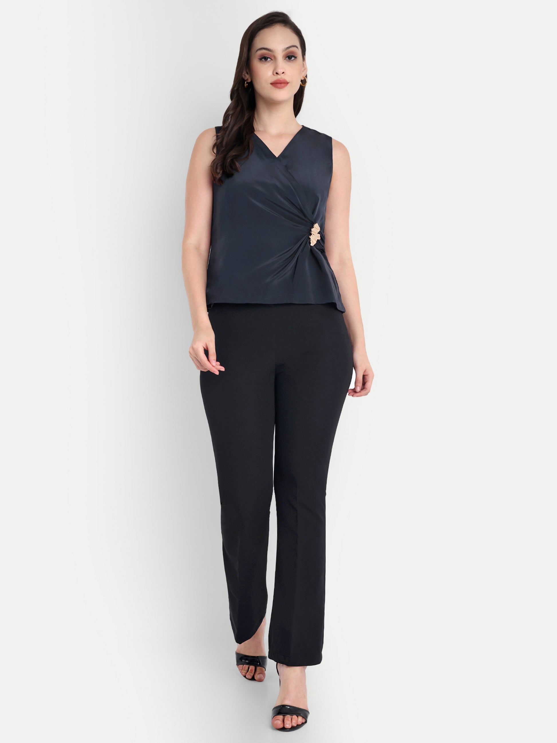Blue top with gold applique on waist - esseneur.
