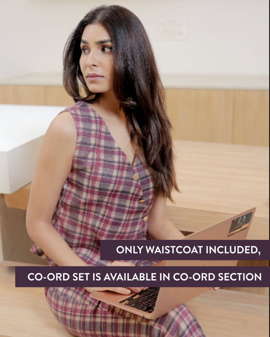 Maroon check waist coat with gold buttons EWTP0077-MRNGB