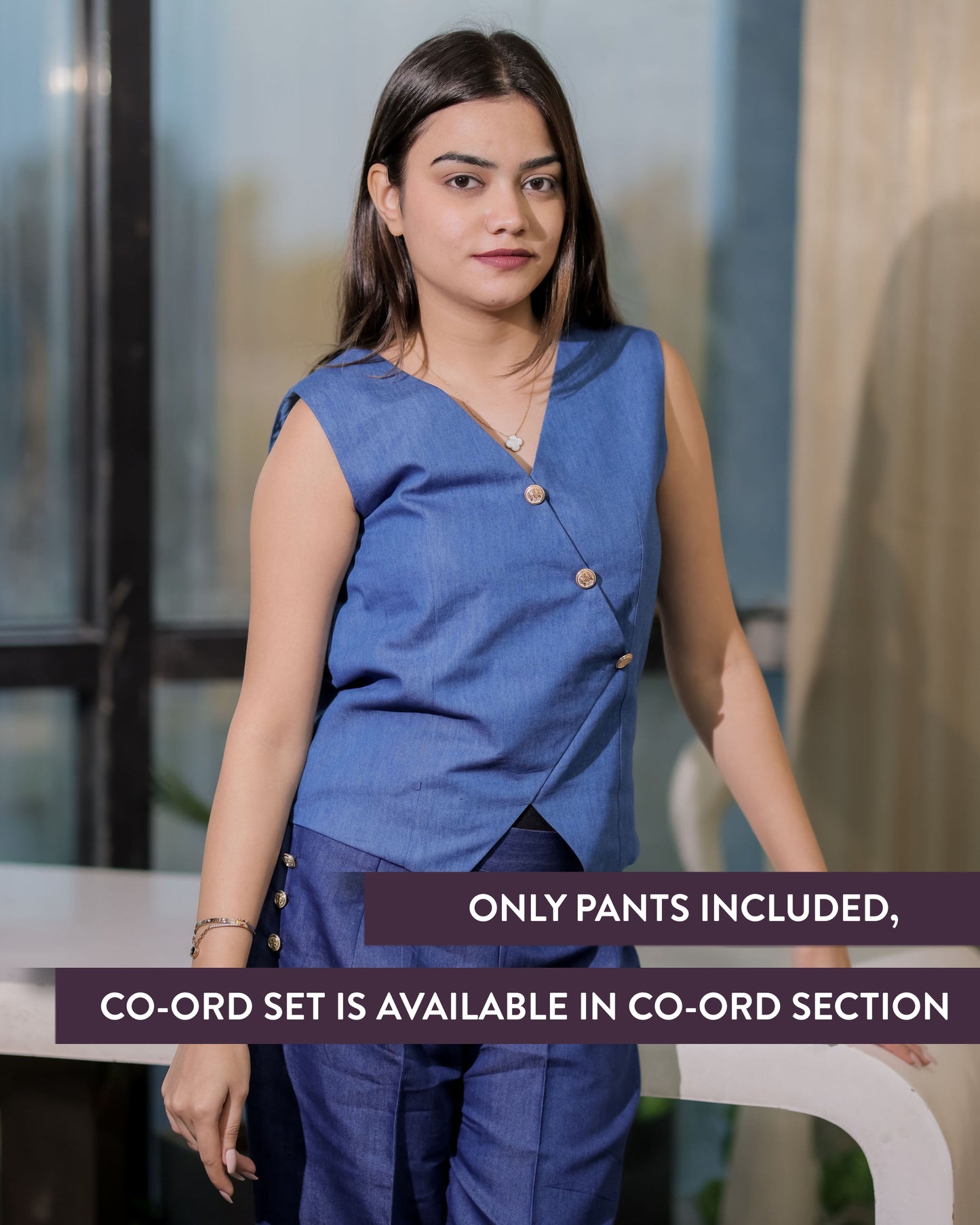 Mid dark denim pants with gold buttons ESWPA0007-DNMGB