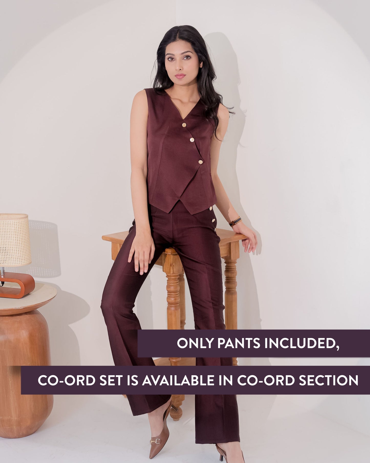 Wine linen satin pants with gold buttons ESWPA0001-WINNG